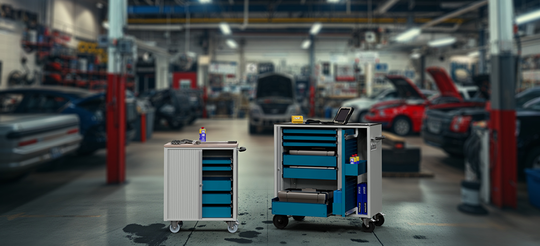 Werkzeugwagen in einer Autowerkstatt – mobile und platzsparende Lösungen für die Aufbewahrung von Werkzeugen und effiziente Arbeitsabläufe.